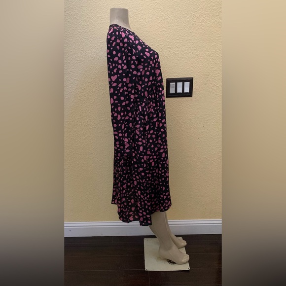Zara Size Medium Black With Pink Polka Dots Printed Long Sleeve Midi Dress - Picture 7 of 13